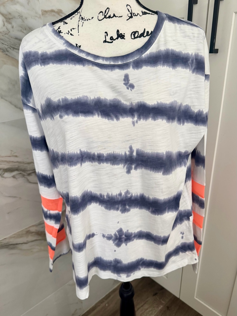Lisa Todd White & Navy Tie-Dye Long Sleeve Top with Coral Stripe Mesh Sleeves